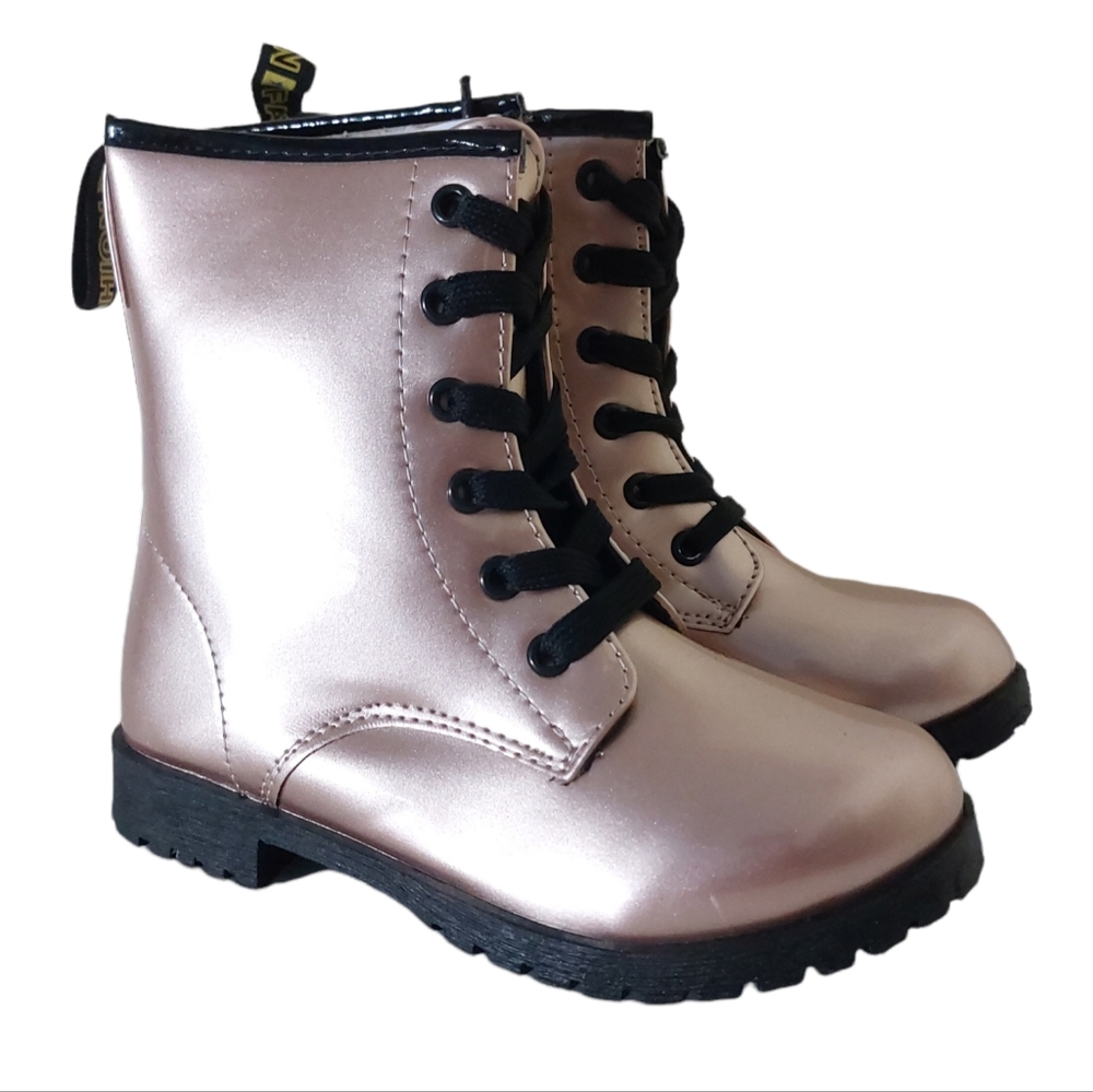 Girls Rose Gold Faux Leather Mid-Calf Lace Up NWT Combat Boots Lug Sole 13